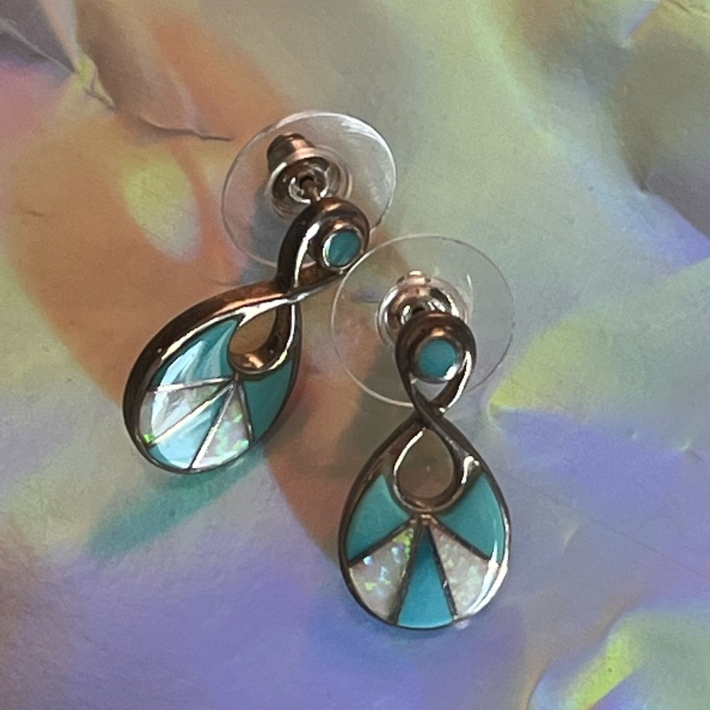 Sterling Silver Turquoise & Opal Inlay Drop Earrings – QB Signed